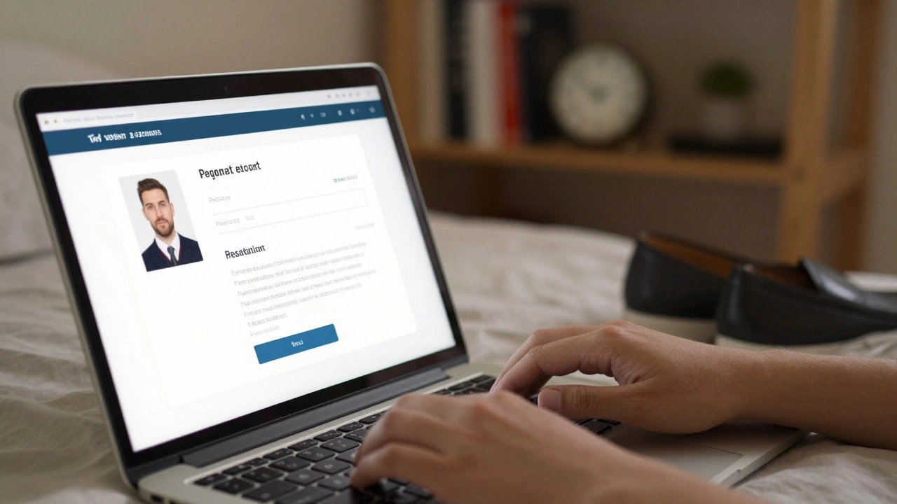 A hand typing on a laptop showing a verified escort profile and secure payment confirmation in soft bedroom light.