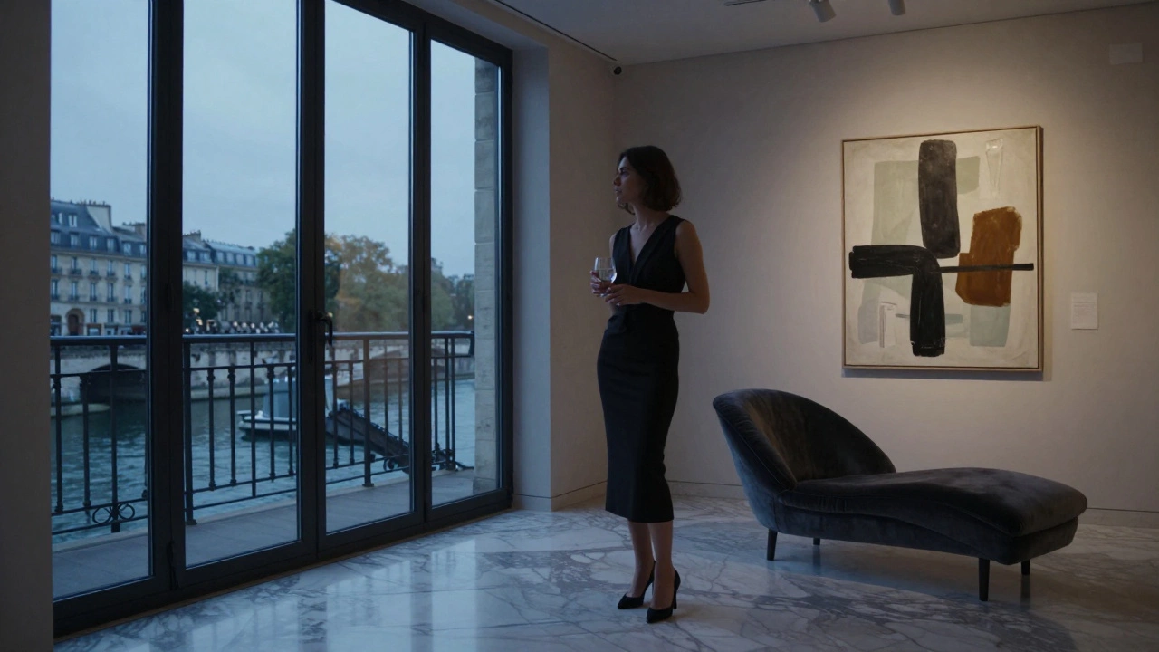 A sophisticated woman in a black dress overlooking the Seine from a luxury 16th arrondissement apartment.